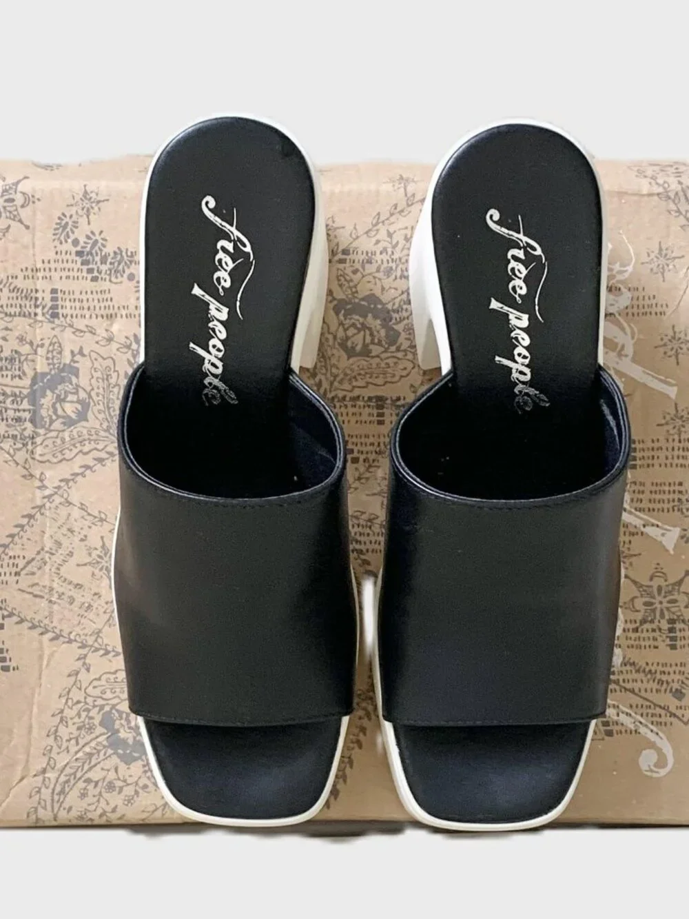 Free People Zoe Platform Slide Sandals, Black/White, Women’s 8.5, New In Box